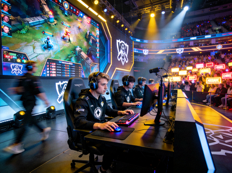 英雄联盟全球总决赛现场盛况 - 电竞选手在巨大屏幕前专注比赛